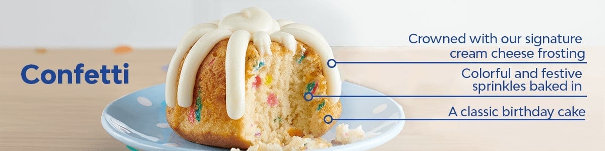 A classic birthday cake, Colorful and festive sprinkles baked in, Crowned with our signature cream cheese frosting A classic birthday cake, Colorful and festive sprinkles baked in, Crowned with our signature cream cheese frosting
