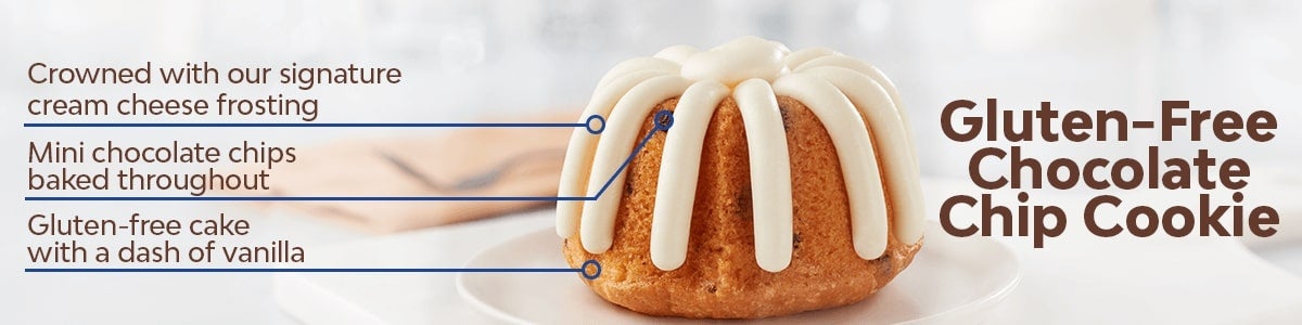 Gluten-free cake with a dash of vanilla, Mini chocolate chips baked throughout, Crowned with our signature cream cheese frosting Gluten-free cake with a dash of vanilla, Mini chocolate chips baked throughout, Crowned with our signature cream cheese frosting