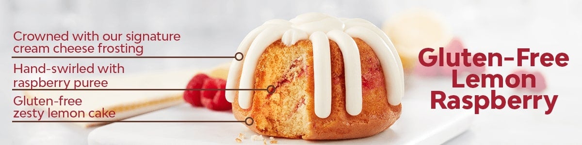 Gluten-free zesty lemon cake, Hand-swirled with raspberry puree, Crowned with our signature cream cheese frosting Gluten-free zesty lemon cake, Hand-swirled with raspberry puree, Crowned with our signature cream cheese frosting