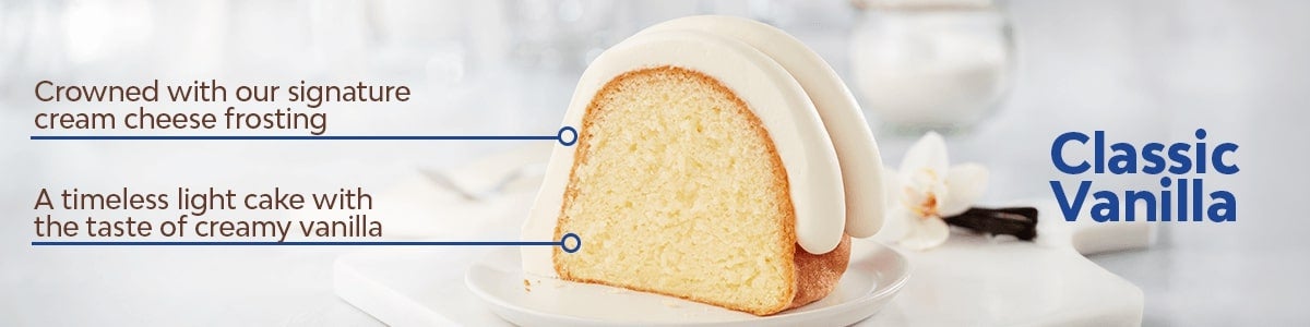 A timeless light cake with the taste of creamy vanilla, Crowned with our signature cream cheese frosting A timeless light cake with the taste of creamy vanilla, Crowned with our signature cream cheese frosting